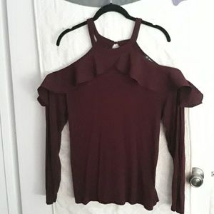 Inc. Peek-a-boo maroon blouse.  Loose ruffle.